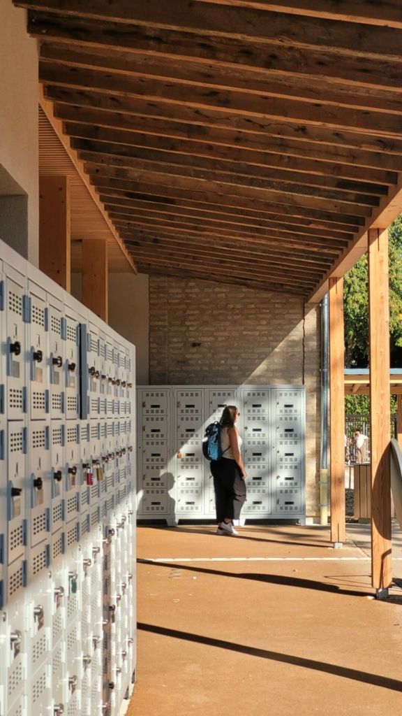 Charpente réemployées en charpente ou débité pour réaliser les faux-plafonds bois du nouveau collège Agnès Acker de Strasbourg